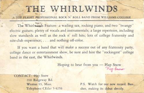 reverse side of Whirlwinds postcard from 1958 (courtesy of Luci Bearon)